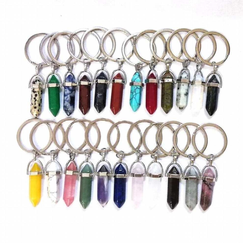 20Pcs Natural Stone Hexagonal Prism Key Rings Silver Healing Crystal Car Decor Keyholder Keychains For Women Men Silver,Multicoloured 885674000408
