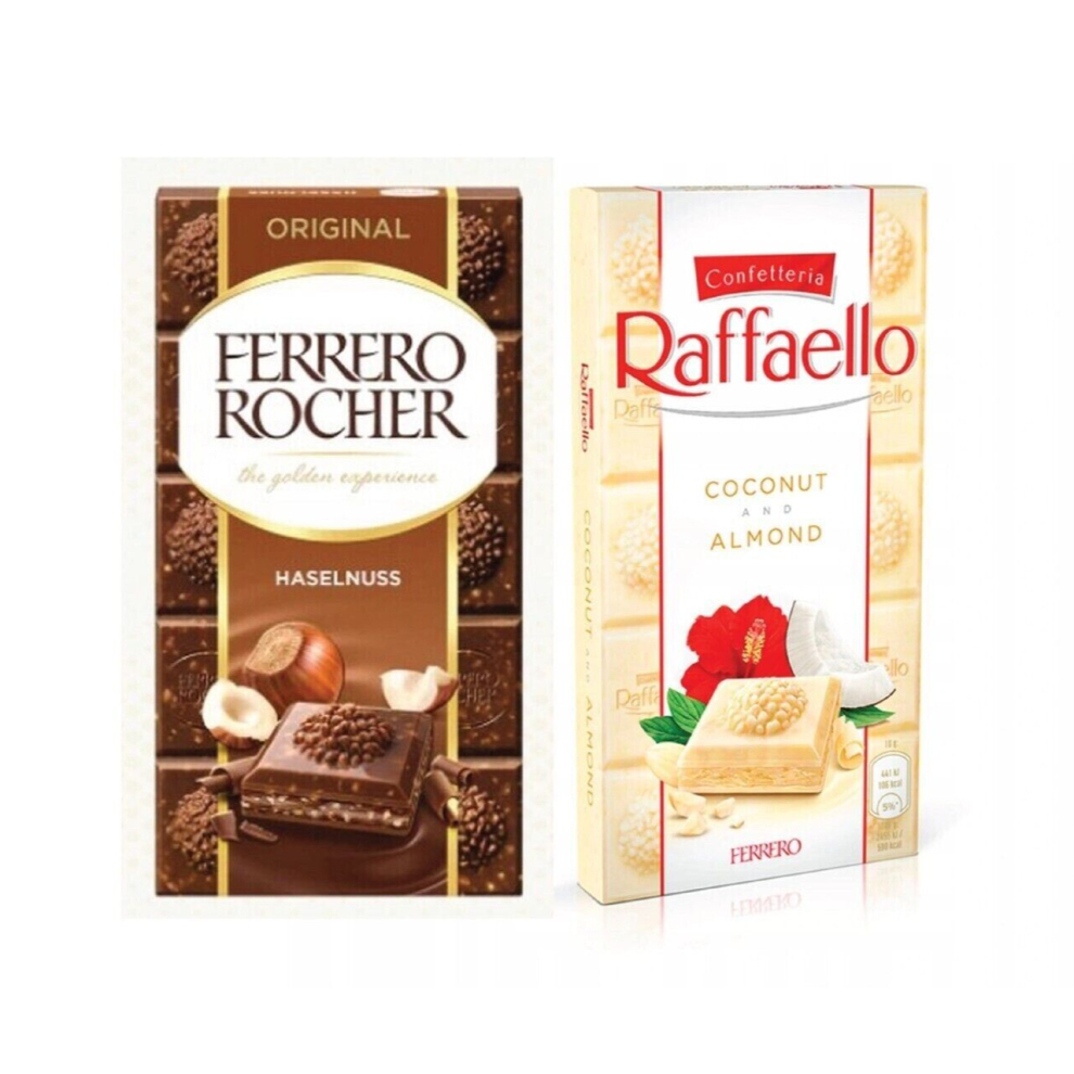 2x Ferrero Raffaello Rocher Milk Chocolate Bar Coconut Almond 90g