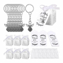 30Pcs/24Pcs Angel Keychain Favor Boxes Christening Gift Keyring with Pendant Yarn Bag for Child Shower Party Gift