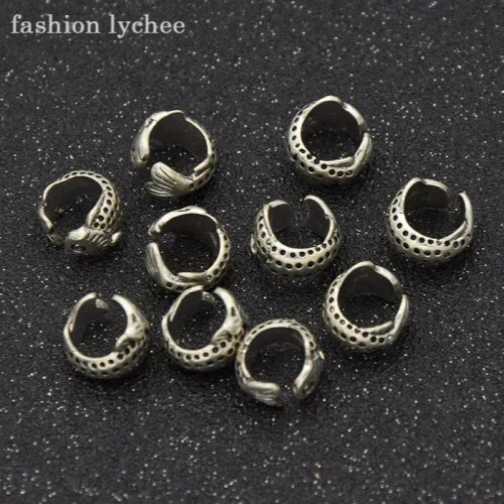 Unisex Multicoloured Lychee 10Pcs Fish Open Hair Beads Metal Hair Ring Tube Dreads Dreadlock Braid Cuffs Clip Hair Extension Accessories