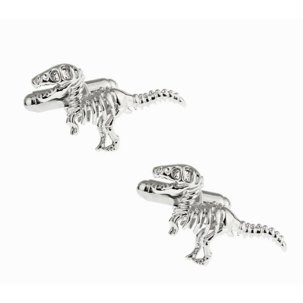 Mens Animal Tyrannosaurus Rex Cufflinks Brass Material Silver Dinosaur Bone Cuff Links & Retail