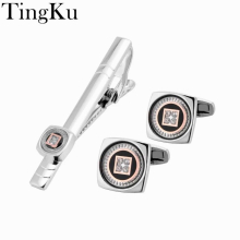 Classic Necktie Silvery Tie Clips Bars Set Ties, Square High Cufflinks Wedding for Mens
