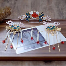 Womens Flower Antlers Tassel Hair Crown Clip Earring Set Ancient Hanfu Headdress
