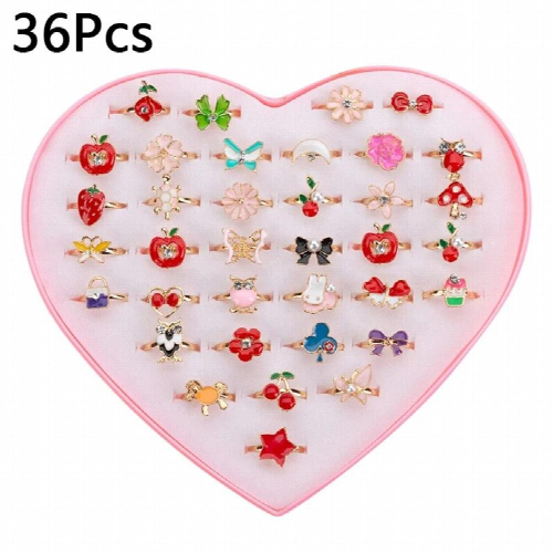 36Pcs/box Cartoon Kids Rings Flower Animal Fruit Adjustable Sweet Child ...