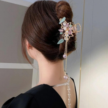 Flower Large Hair Claw For Women Chinese Style Acrylic Crystal Beads Tassel Hair Jewelry Gift