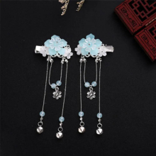 Chinese Hanfu Retro Bell Crystal Beads Flower Long Tassels Hairclips Hairpins Women Girl Cosplay Hairgrips Decoration