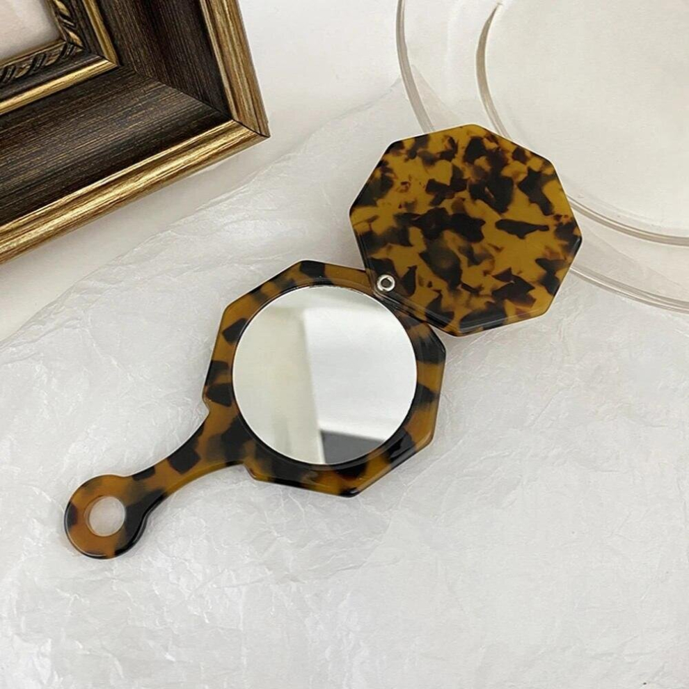 Autumn Winter Retro Polygonal Handheld Small Round Mirror Acetic Acid Makeup Mirror For Woman Girls