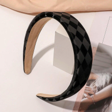 Winter Check Grid Pu Leather Padded Headband Wide-brimmed Headband Fabric Hair Band For Women Girls