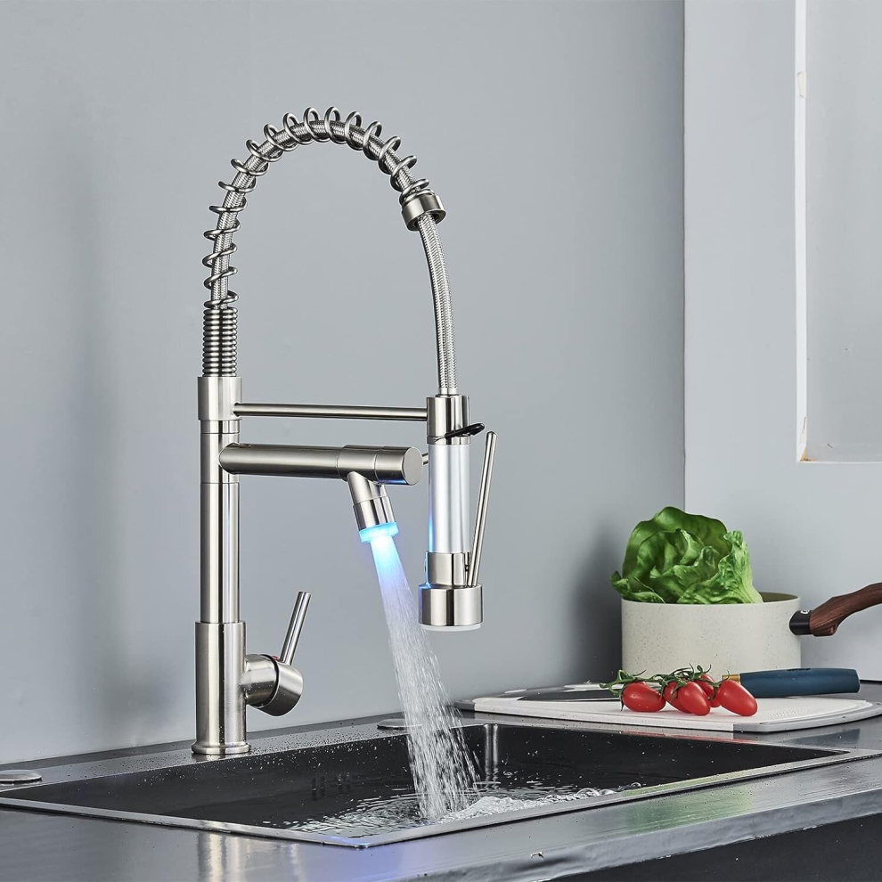 (Brushed Nickel) Contemporary Kitchen Faucet With Pull Down Sprayer, Stainless Steel Single Handle Spring Kitchen Sink Faucets With Sprayer 8804717617436