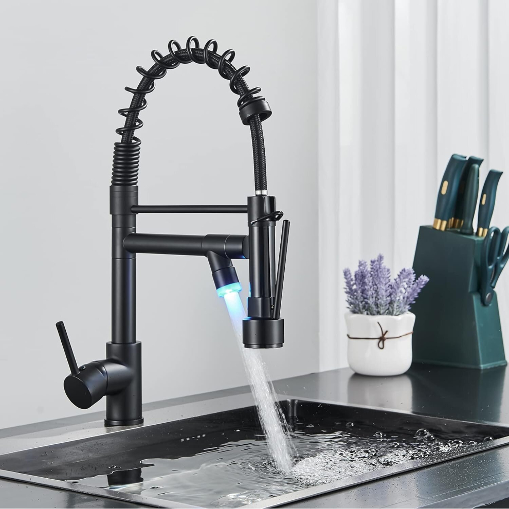 Sunvivid (Black) Contemporary Kitchen Faucet With Pull Down Sprayer, Stainless Steel Single Handle Spring Kitchen Sink Faucets With Sprayer Black