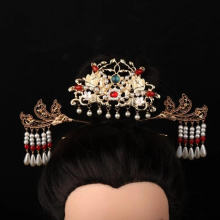 Womens Plated Flower Long Beads Tassel Hair Crown 3pcs Ancient Style Hanfu Headdress