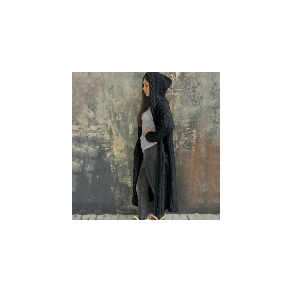 (Black, M) Women Chunky Cable Knit Hooded Coat Cardigan Winter Pocket Long Jacket Overcoat
