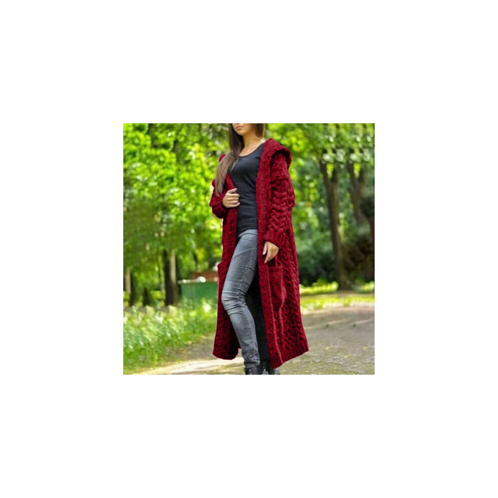 (Red, L) Women Chunky Cable Knit Hooded Coat Cardigan Winter Pocket Long Jacket Overcoat