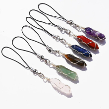 15pcs Natural Crystal Colorful Stone Pendant Holder Ring Chip Amethyst Quartz Rope Bag Mobile Cell Chain