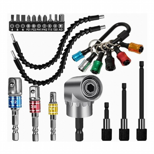 26Pcs Flexible Drill Bit Extension Set,105 Right Angle Drill Attachment,1/4 3/8 1/2Inch Impact Driver Socket Adapter