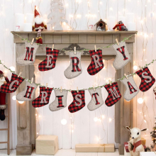 LessMo Merry Christmas Banners Sock Shaped Burlap Banners,Christmas Banners Flags Outdoor Indoor Vintage Hanging Decorations Christmas Party Wall Tree