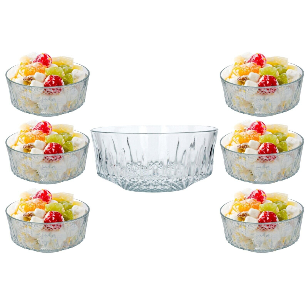 7 Piece Large Glass Bowl Set Serving Fruit Salad Dessert Snack Dishes