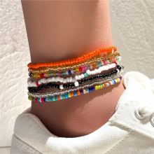 7pcs/Set Beaded Anklet Bracelets Rainbow Elastic Ankle Bracelet On The Leg Foot Beach Jewelry