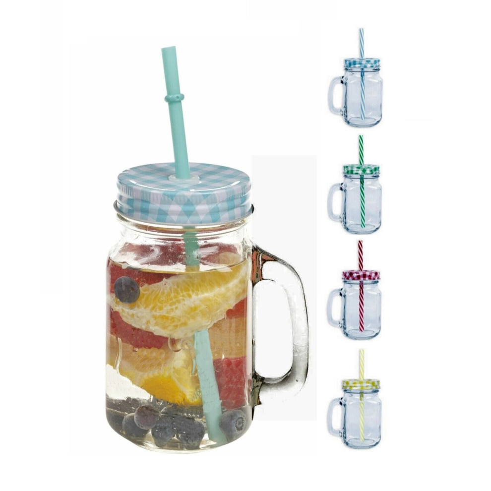 (Red) Glass Mason Jam Jars Drinking Glasses 420ml