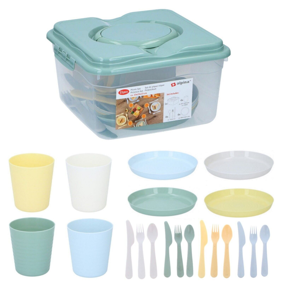 Kids Plastic Plates Cups Cutlery Set colour Picnic BBQ Camping 21PC