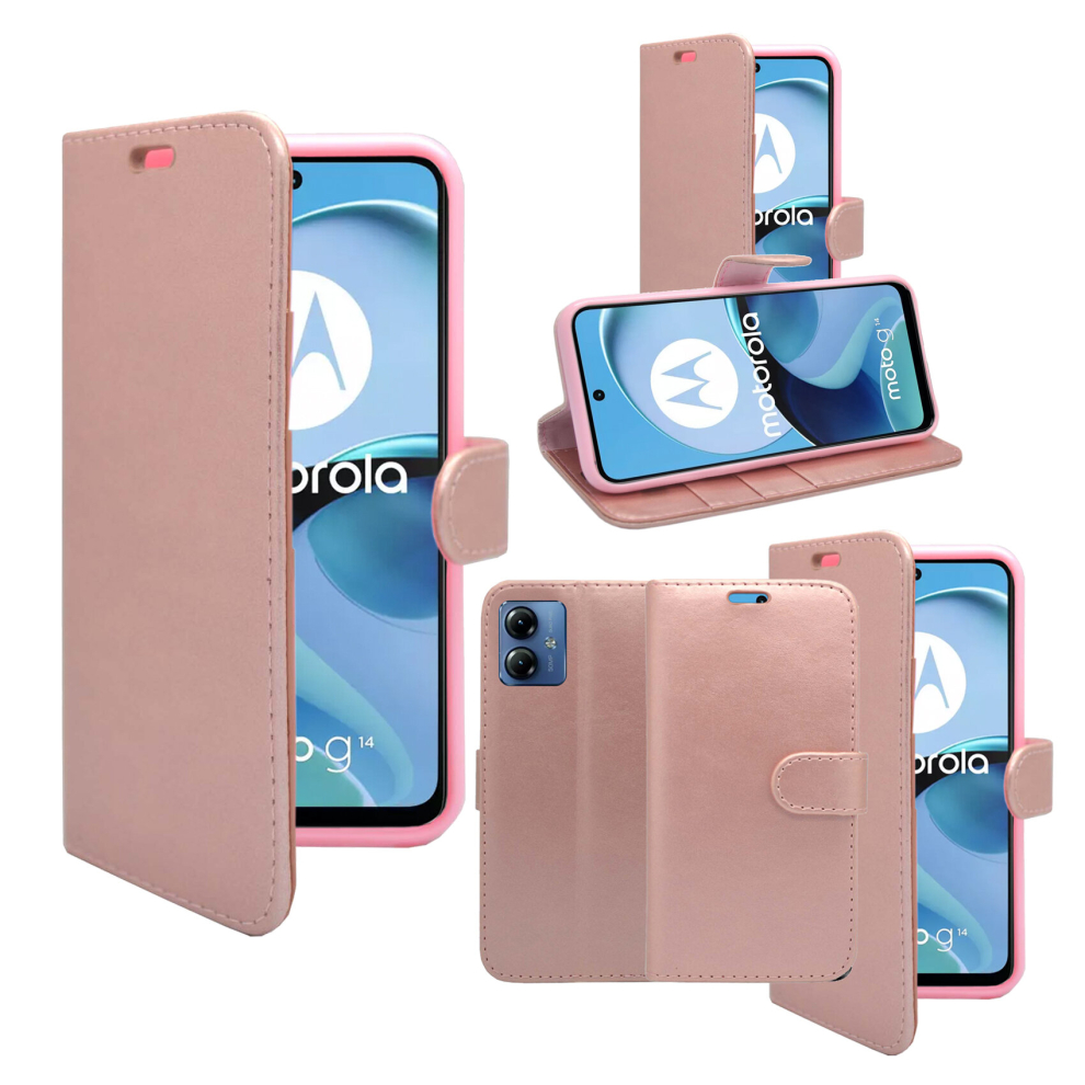 (Rose Gold) For Motorola G14 Wallet Flip PU Leather Stand Card Slot Pouch Case