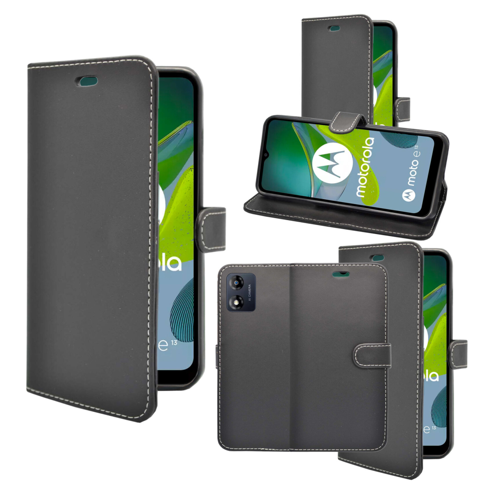 (Black) For Motorola E13 Wallet Flip Pu Leather Stand Card Slot Pouch Case Black