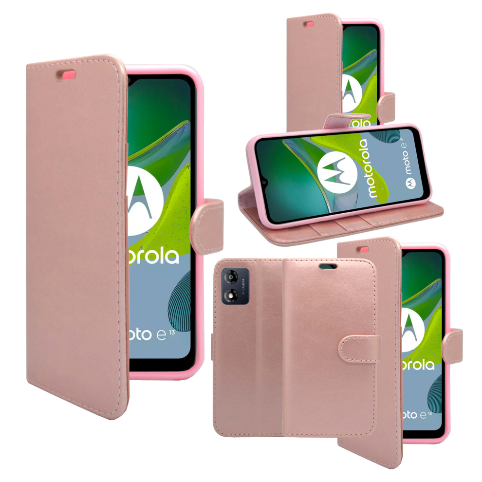 (Rose ) For Motorola E13 Wallet Flip Pu Leather Stand Card Slot Pouch Case Gold