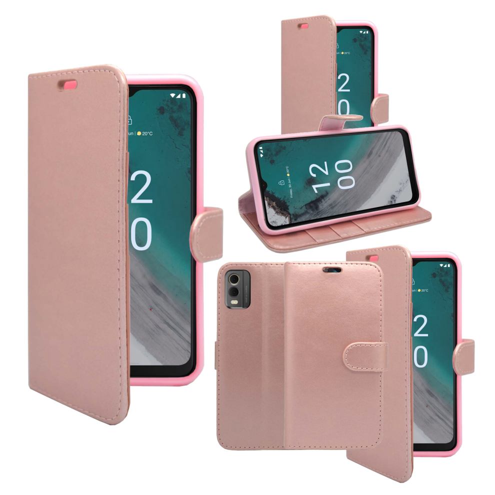 (Rose Gold) For Nokia C32 Wallet Flip PU Leather Stand Card Slot Pouch Case