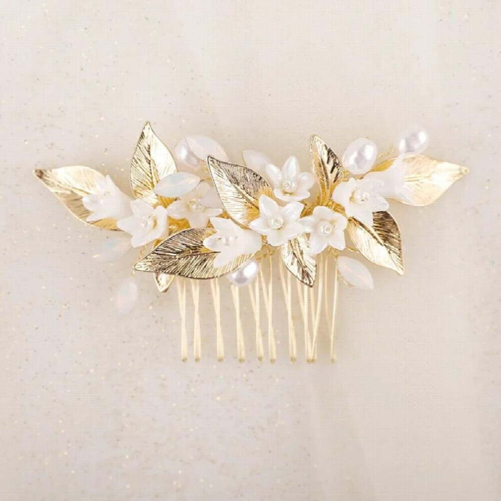 Wedding Hair Comb Porcelain Flower Women Hair Piece Silver Leaf Women Prom Accessories-image-OPC-PCWQNPF-NEW