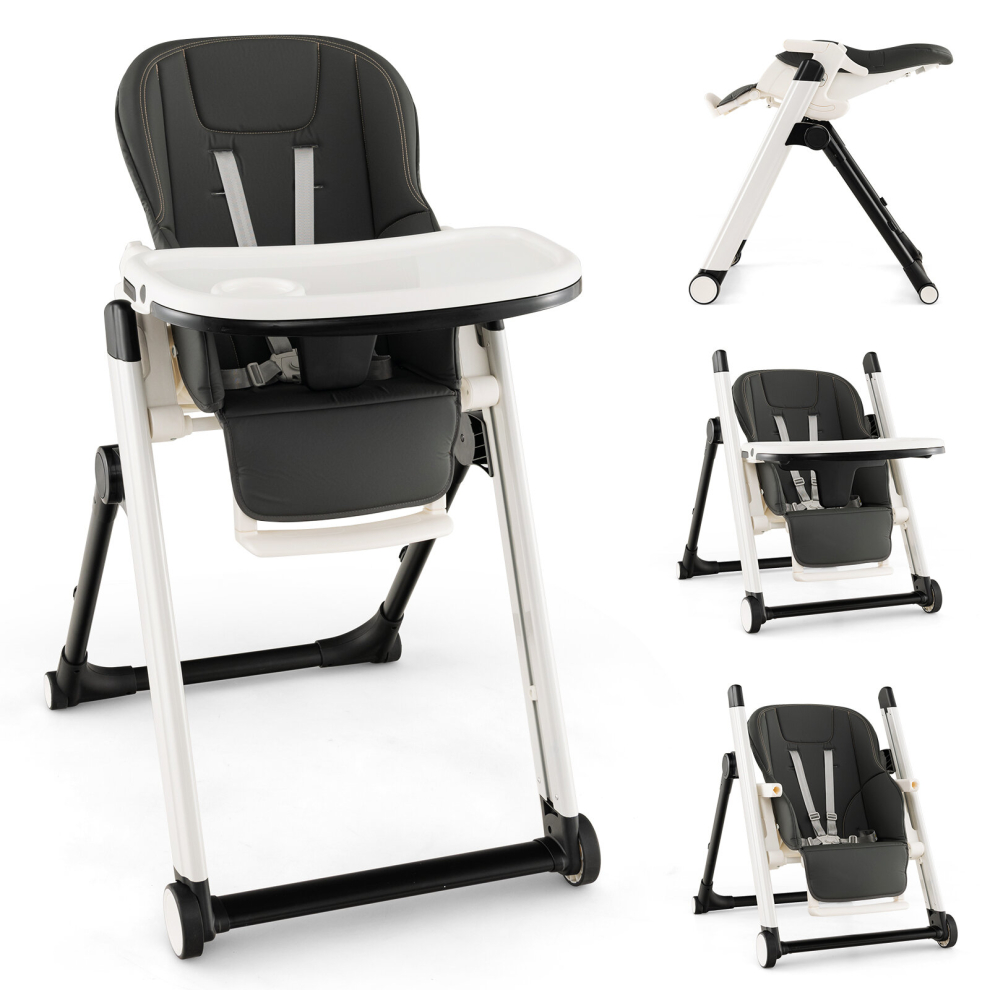 Foldable Baby High Chair Feeding Chair w/ Recline Backrest Detachable Trays