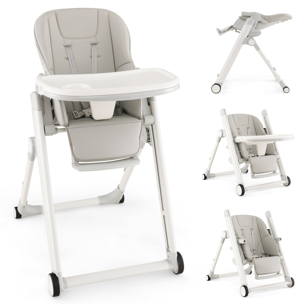 Foldable Baby High Chair Feeding Chair w/ Recline Backrest Detachable Trays