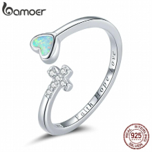 Love cross Opal Heart Faith Hope Love Open Adjustable Finger Rings for Women 925 Sterling Silver Jewelry BSR171