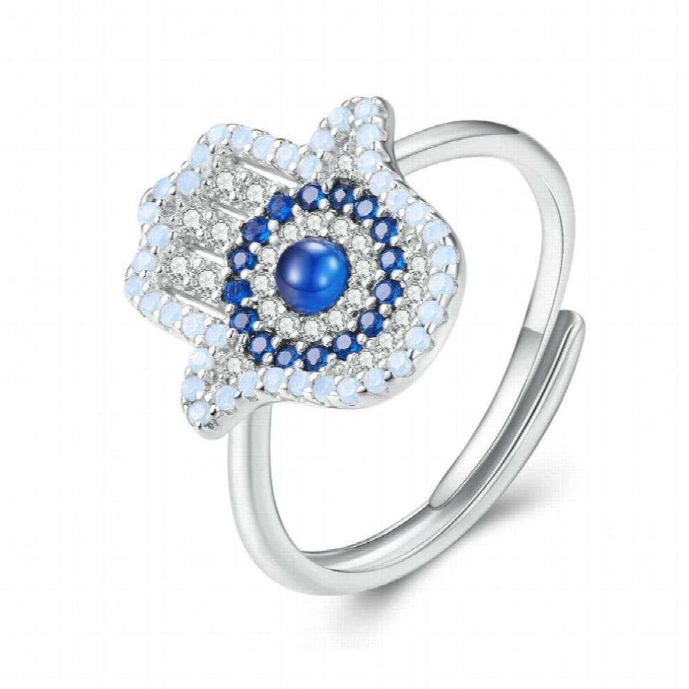 925 Sterling Silver Fatima of Hand Hamsa Evil Eye Open Rings For Women Full of Bling Zircon Lucky Guard Rocktail Ring Gift-image-OPC-PCWQXXX-NEW