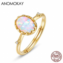 Colorful Oval Opal Rings 100% 925 Silver Ring Resizable Jewelry Anomokay Gift