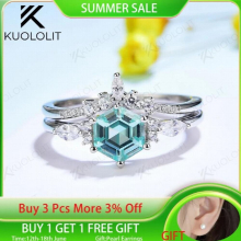 Kuololit Bluish Green Emerald Set Rings for Women 925 Sterling Silver Rings Jewelry for Wedding Engagement Vintage
