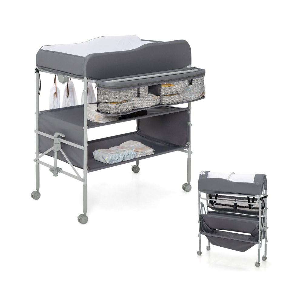 Folding Baby Changing Table Height Adjustable w/ Diper Storage & Wheels