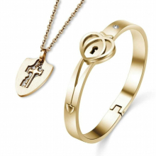 Lock Bracelet & Key Necklace Set Heart Bangle for Men Women Couple Titanium Steel Jewelry for Wedding Anniversary