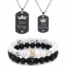 Creative His Queen Her King Couple Braided Bracelet Necklace Jewelry Set for Birthday Anniversary Gift