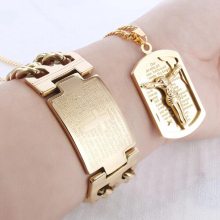 High Stainless Steel Religious Jesus Bracelet + Necklace Jewelry Set for Men Cross Bible Banquet Jewelry
