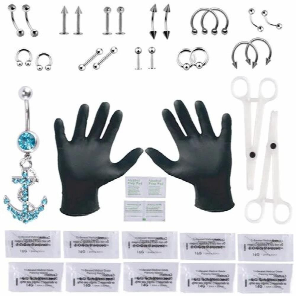 Multicoloured 41Pcs Body Piercing Jewelery Set Nose Eyebrow Lips Tongue Ring Septum Forceps Piercing Needles Body Jewelry #88633