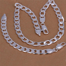 Hot fine 925 Stamp Silver 10mm Geometric chain bracelet necklace for Mens Jewelry sets Party Holiday