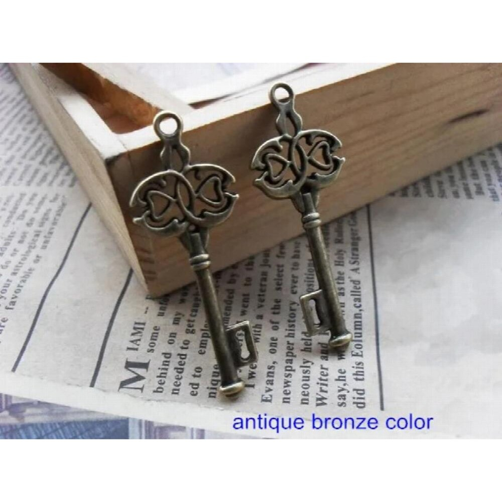 - 60 Vintage Key Charms,16*45mm Bronze Tone Antique Key Shape Pendants Heart Key Charms For Jewelry -