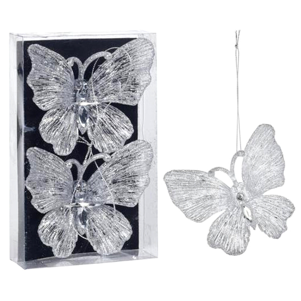 (2 x Butterfly - Silver) Christmas Tree Decorations Glitter Hanging