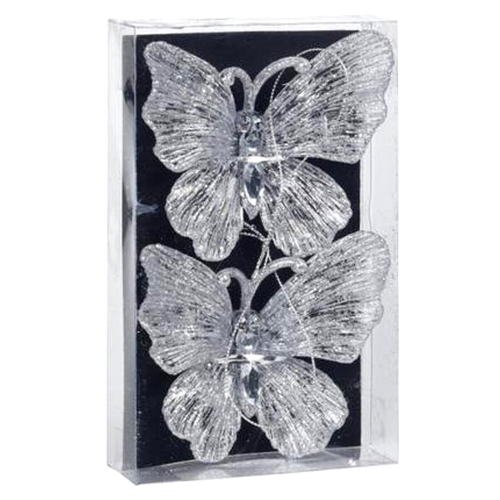 (2 x Butterfly - Silver) Christmas Tree Decorations Glitter Hanging 2
