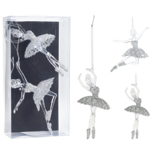 (2 x Ballerina - Silver) Christmas Tree Decorations Glitter Hanging