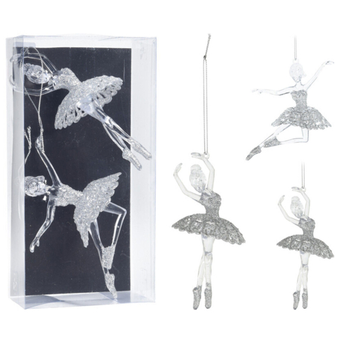 (2 x Ballerina - Silver) Christmas Tree Decorations Glitter Hanging