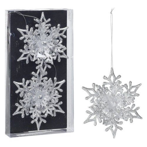 (2 x Snowflake - Silver) Christmas Tree Decorations Glitter Hanging