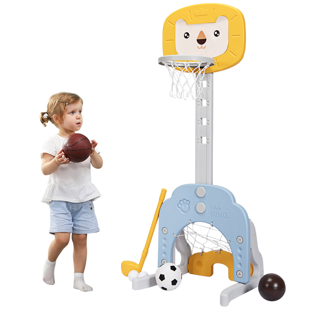 3-in-1 Kids Basketball Hoop Set Toddler Football Play W/ 5 Height Adjustable