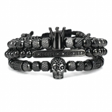 3 Pcs Punk Style Skull Crown Pendant Sets Bracelet For Men Titanium Steel Elastic Adjust Bangle Jewelry Set