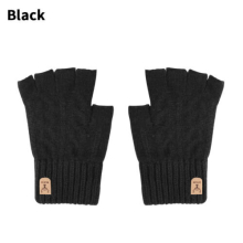 (Black) Mens Womens Thermal Fingerless Gloves Knitted Warm Winter Half Finger Mittens UK